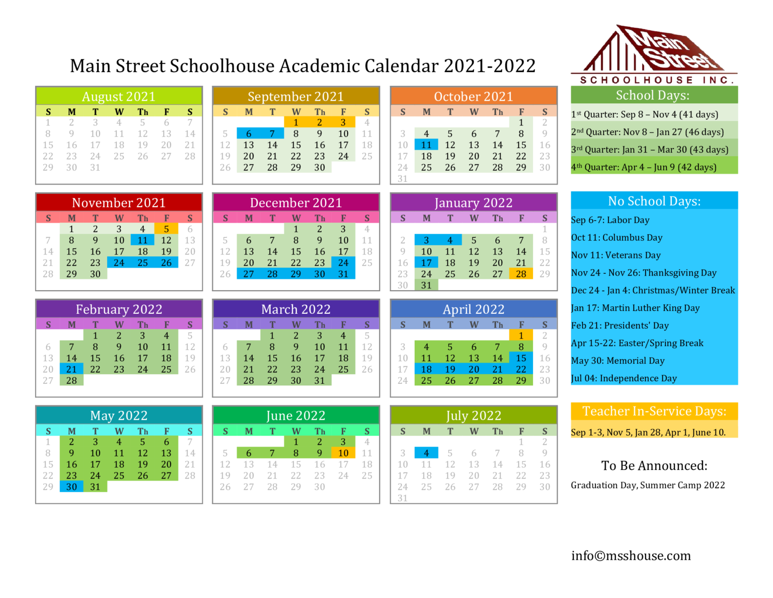 Academic Calendar 2021-2022 - Main Street Schoolhouse Inc.